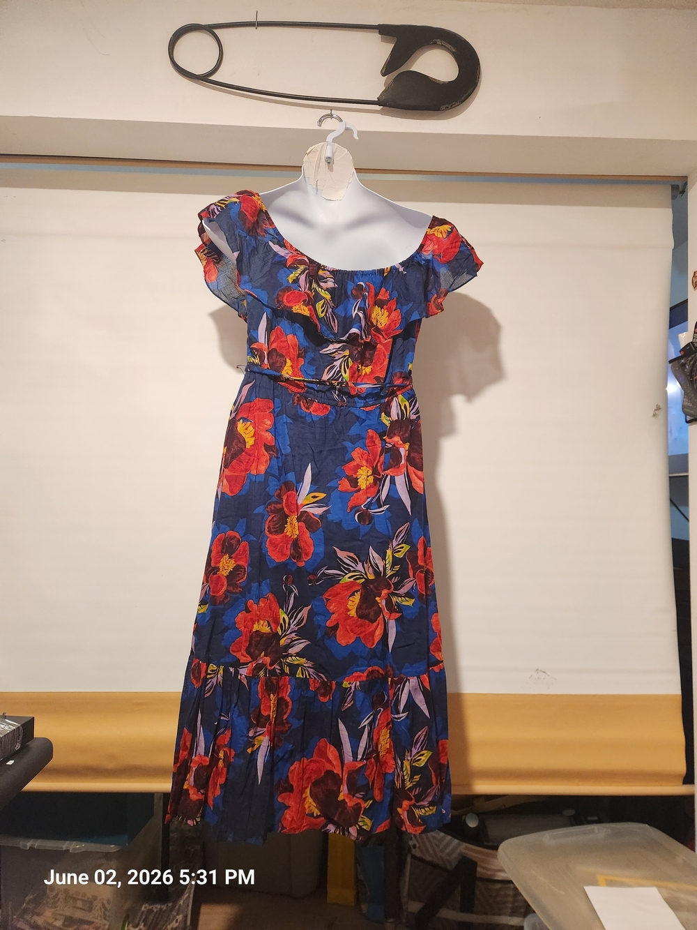 Floral Off-Shoulder Midi Dress - Grace Element Navy with Red Floral Print - Picture 5 of 5